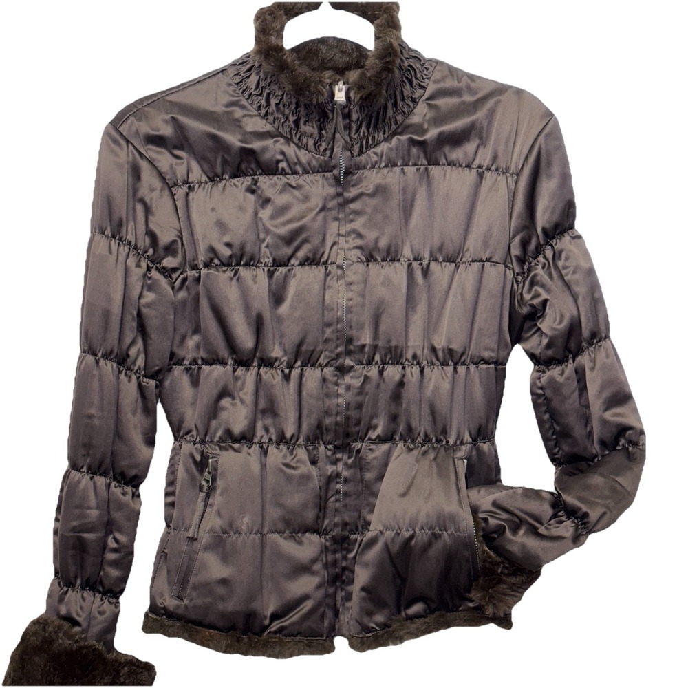 June Brown Reversible Genuine Rabbit Fur Jacket Womens Small Quilted Ruched - Picture 12 of 14
